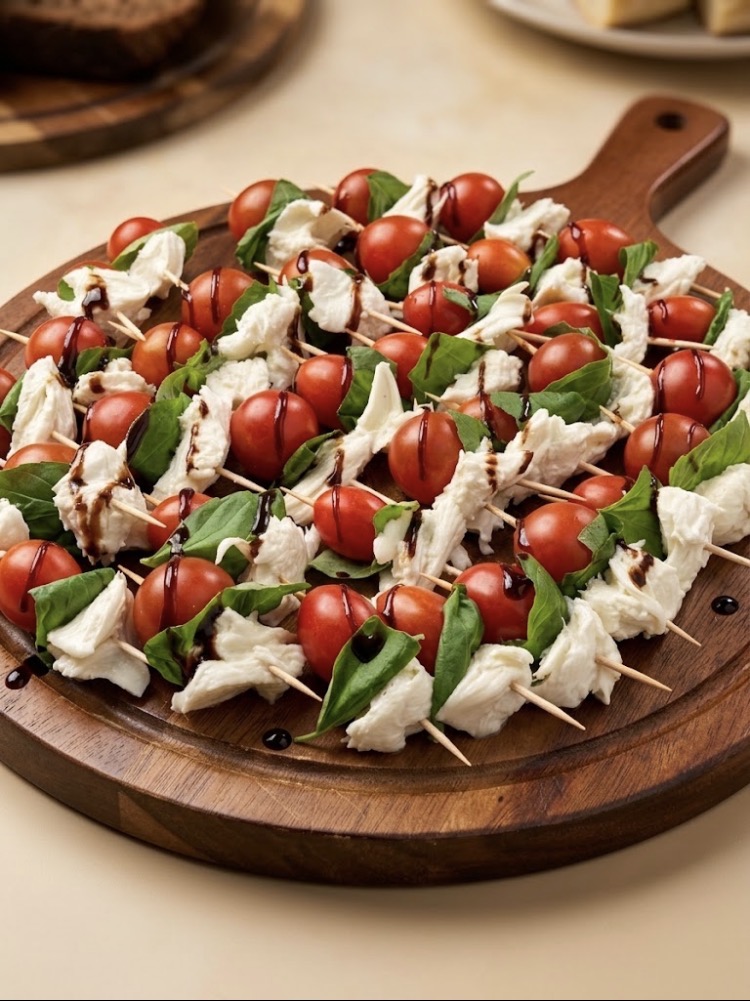 Caprese skewers with cherry tomato, mozzarella and basil on a round wooden board