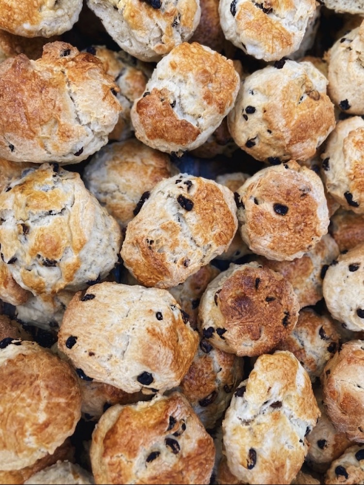 Tray of freshly baked golden fruit scones for afternoon tea