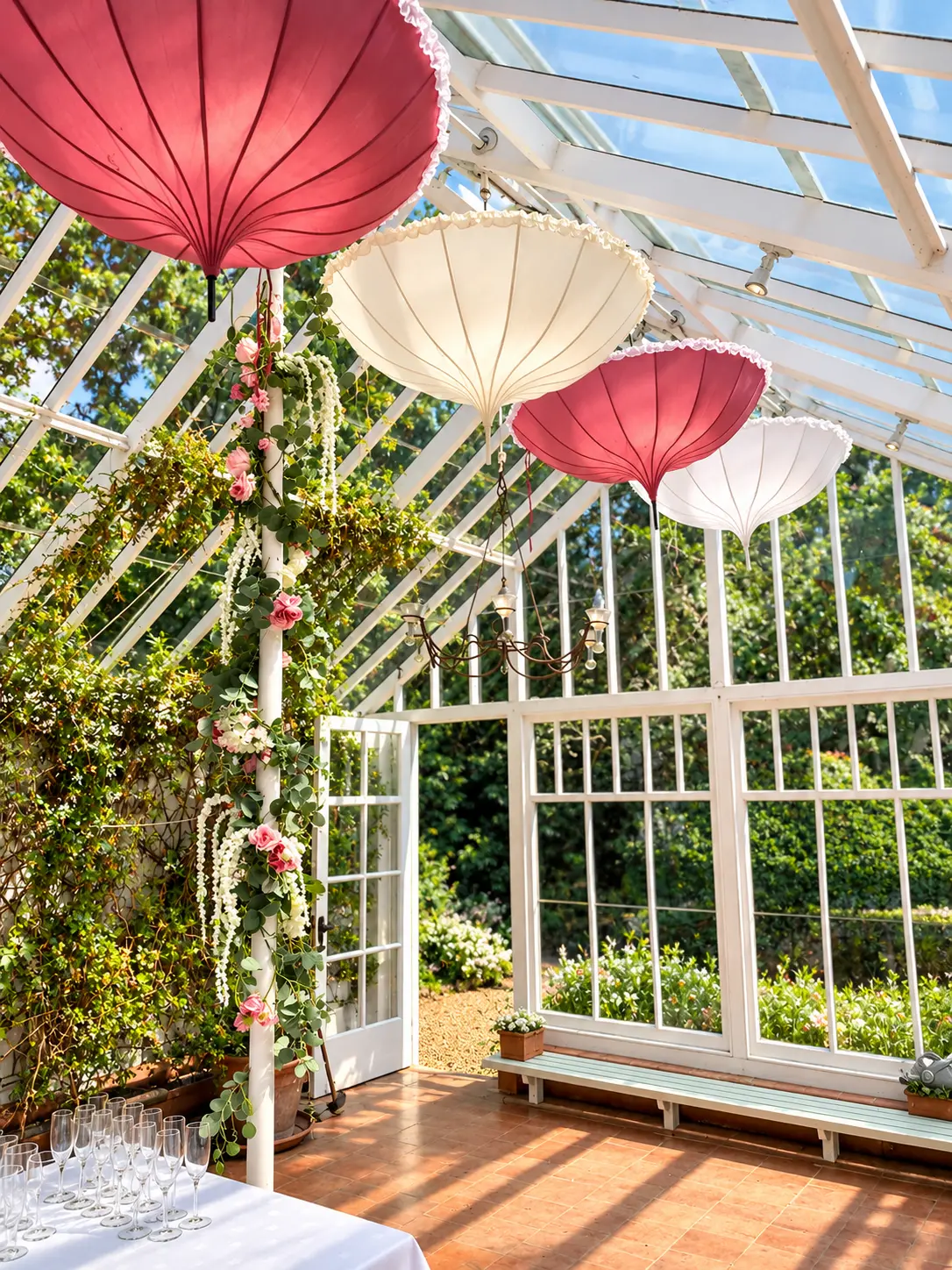 Parasols suspended inside the orangery at Stradsett Hall