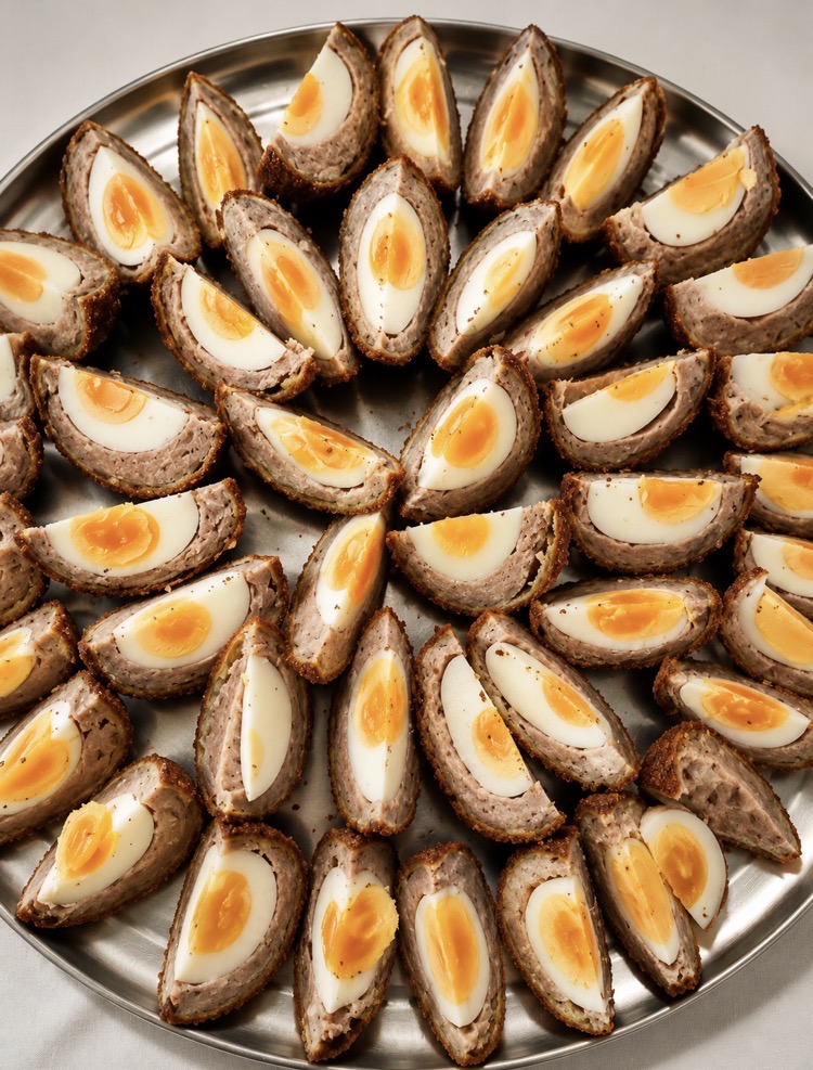Silver platter of halved scotch eggs with soft golden yolks