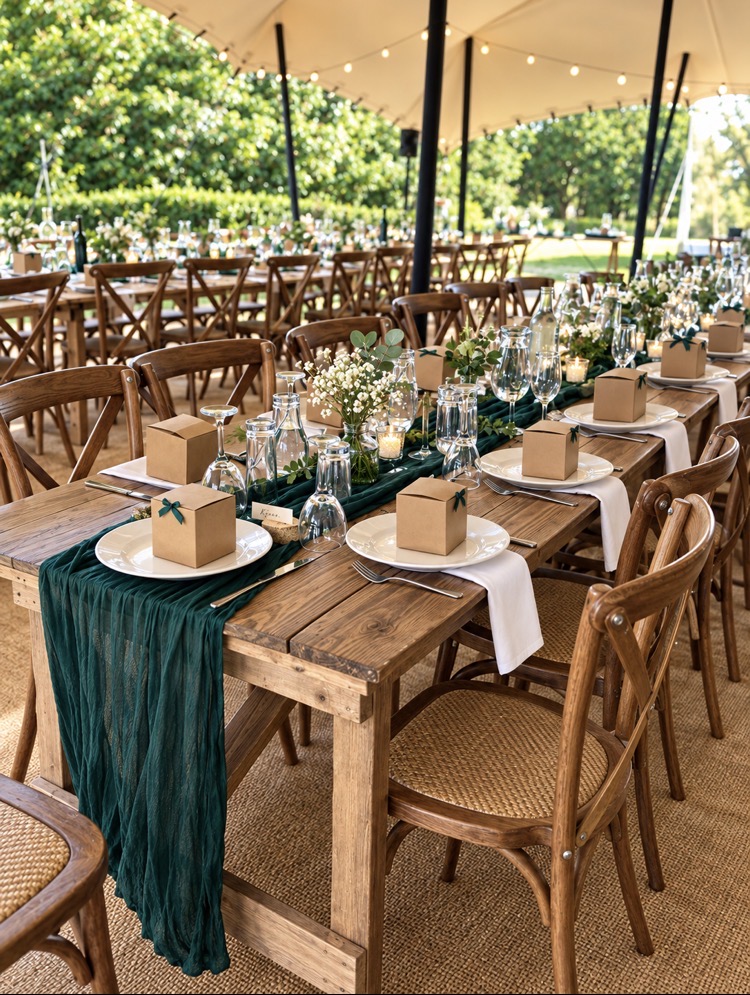 Long wedding tables dressed beneath a garden stretch tent