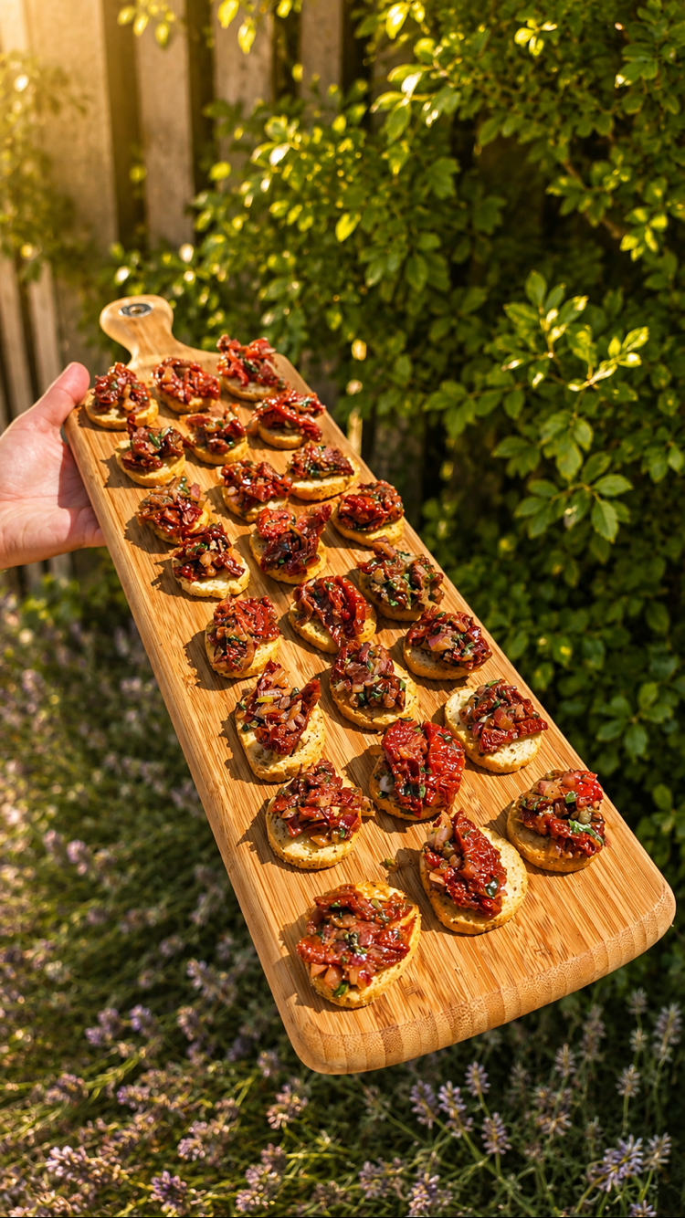 Sun-dried tomato bruschetta canapés on a long wooden board in the garden