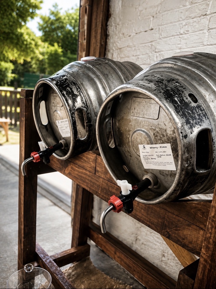Real ale casks racked up ready to serve at an event bar in Norfolk